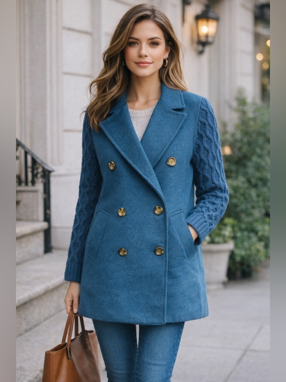 Ann Taylor Blue Cable Knit Sleeve Double Breasted Classic style Coat Jacket MP
